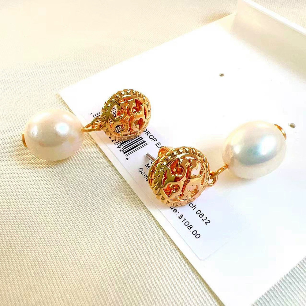 Tory Burch Classic Copper Gold Plated Natural Freshwater Pearl Stud Earrings